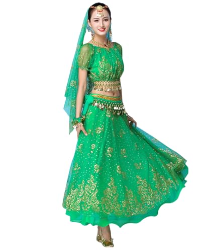 OTMYIGO Bauchtanz-Kostüm-Set für Damen, indischer Tanz, Bollywood-arabischer Tanz, Performance-Outfits Anzug,Grün,5piece Set von OTMYIGO