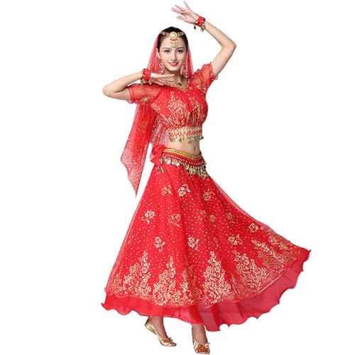 OTMYIGO Bauchtanz-Kostüm-Set für Damen, indischer Tanz, Bollywood-arabischer Tanz, Performance-Outfits Anzug,Rot,5piece Set von OTMYIGO