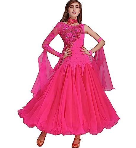 OTMYIGO Damen Ballsaal-Tanzkleid mit Langen Ärmeln, Walzer-Tango-Tanzkleid, Standard-Kleid für den modernen Tanz, Wettkampfkleid,Rose red,XL von OTMYIGO