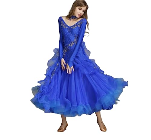 OTMYIGO Damen Ballsaal-Tanzkleid mit Langen Ärmeln, Walzer-Tango-Tanzkleid, Standard-Kleid für den modernen Tanz, Wettkampfkleid,Royal Blue,S von OTMYIGO