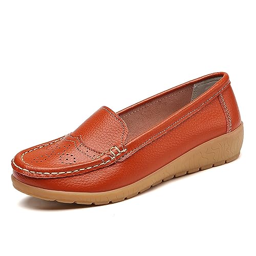 OTMYIGO Damen-Komfort-Leder-Slipper, Slip-On-Schuhe, lässige Mokassins, Flache Fahrschuhe, Ballett-Damenschuhe,Orange,40 EU von OTMYIGO