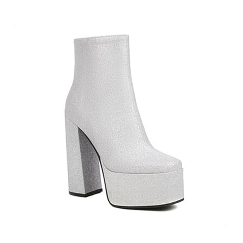 OTMYIGO Damen-Plateau-Chelsea-Stiefel mit Pailletten, Stiefeletten, Reißverschluss, Blockabsatz, High-Heel-Booties, Winterstiefel für Damen,Silber,39 von OTMYIGO