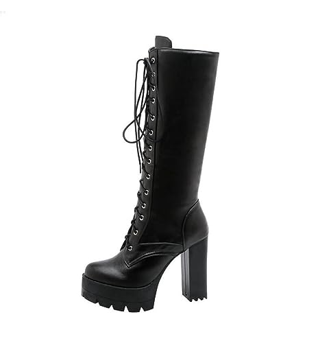 OTMYIGO Damen-Stiefel mit hohem Absatz, Schnürstiefel, wadenhoch, kniehoch, Militär-Bikerstiefel, dicker Absatz, Ritterstiefel, Schnürstiefel, Vintage-Stiefel, Steampunk, Gothic,Schwarz,38 von OTMYIGO