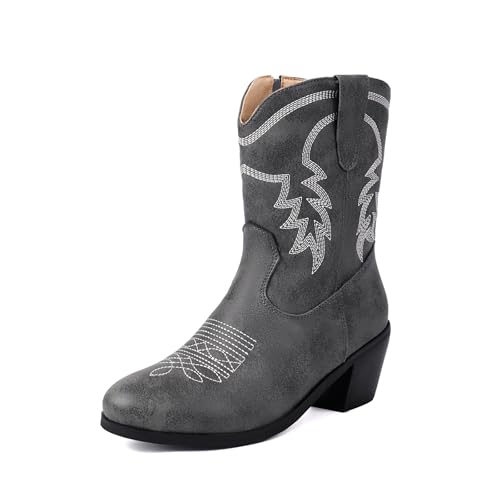 OTMYIGO Damen Western-Cowboystiefel mit mittlerer Wade, bestickter Blockabsatz seitlicher Reißverschluss Stiefeletten Retro-Stil runder Kopf Kurze Schuhe im,Grau,41 EU OTMYIGO Damen Western-Cowboystiefel mit mittlerer Wade, bestickter Blockabsatz seitlicher Reißverschluss Stiefeletten Retro-Stil runder Kopf Kurze Schuhe im,Grau,41 EU von OTMYIGO