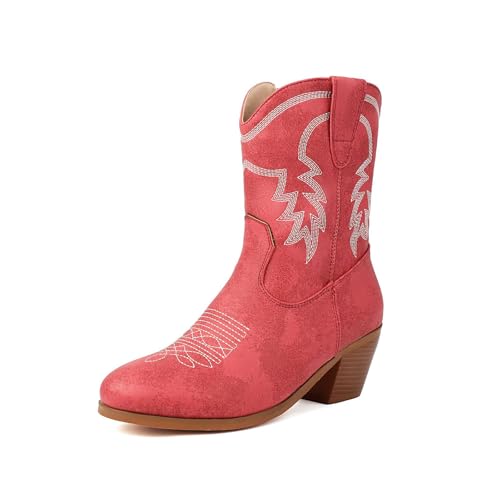 OTMYIGO Damen Western-Cowboystiefel mit mittlerer Wade, bestickter Blockabsatz seitlicher Reißverschluss Stiefeletten Retro-Stil runder Kopf Kurze Schuhe im,Rot,43 EU OTMYIGO Damen Western-Cowboystiefel mit mittlerer Wade, bestickter Blockabsatz seitlicher Reißverschluss Stiefeletten Retro-Stil runder Kopf Kurze Schuhe im,Rot,43 EU von OTMYIGO