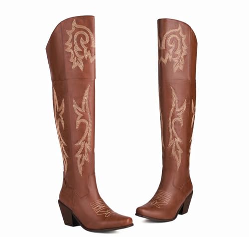OTMYIGO Damen-Westernstiefel, hohe Stiefel Vintage Chunky Heel Cowboy-Kniestiefel, Winterreitstiefel mit Karree-Zehen-Stickerei,Braun,39 von OTMYIGO