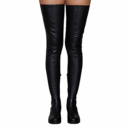 OTMYIGO Damen oberschenkelhohe Stretch Kniestiefel warm Seite Reißverschluss Oberschenkel hohe Stiefel niedriger Absatz Bequeme Schuhe über das Knie wasserdichte Stiefel,Schwarz,41 von OTMYIGO