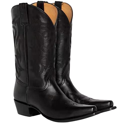 OTMYIGO Damenstiefel, spitzer Zeh, Western, bestickte Cowboystiefel, Retro-Stiefel, eckiger Absatz, Slip-On, Mittelrohrstiefel, Übergröße 45,Schwarz,41 von OTMYIGO