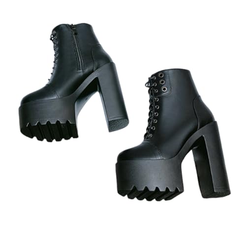 OTMYIGO Damenstiefel mit hohem Absatz und Dicker Plateau-Schnürstiefelette, Kurze Party- und Bühnenstiefel mit dickem Absatz,Schwarz,36 EU von OTMYIGO