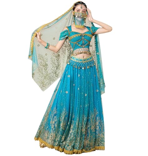 OTMYIGO Erwachsene Prinzessin Festival Bauchtanz Top Kleid Set Indischer Sari Jasmin Halloween Cosplay Kostüm Bollywood Rave Wettbewerb Outfit,Blau,XL von OTMYIGO