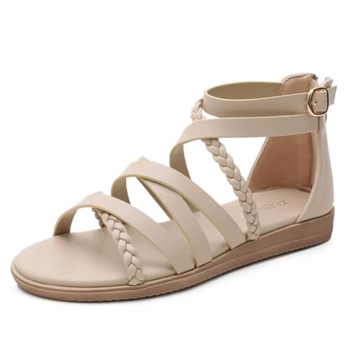 OTMYIGO Flache Sandalen für Damen, mit Reißverschluss hinten Knöchelriemen Flip-Flops Sommer offene Römersandalen Zehenpartie Strand Gladiator-Schuhe,Apricot,41 EU von OTMYIGO