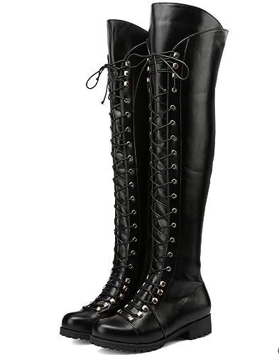 OTMYIGO Kniehohe Damenstiefel mit Schnürung, Herbst und Winter, niedriger Absatz, Flache Schnürung, Kniehohe Militär-Bikerstiefel, modische Outdoor-Reitstiefel,Schwarz,41 EU OTMYIGO Kniehohe Damenstiefel mit Schnürung, Herbst und Winter, niedriger Absatz, Flache Schnürung, Kniehohe Militär-Bikerstiefel, modische Outdoor-Reitstiefel,Schwarz,41 EU von OTMYIGO