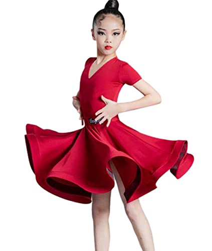 OTMYIGO Mädchen Latein Tanzkleid Gesellschaftstanz Rumba Samba Latein Kinder Tanzkostüm Mädchen Kleider Partykleidung,Rot,120CM von OTMYIGO