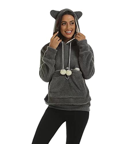 OTMYIGO Polar Fleece Damen Hoodies, 2022 Pet Pouch Hoodie Sweatshirt Kapuzentasche mit großer Tasche für Kleintiere,Dark Gray,M von OTMYIGO