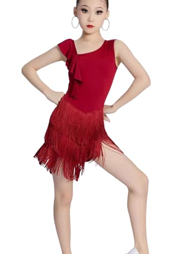 OTMYIGO Rot,150, Tanzkleid für Mädchen, lateinamerikanisches Tanzkleid mit Quaste für Kinder ärmellos Ballsaal Tango Salsa Cha-Cha Tanzoutfit Schulparty Performance Tanzbekleidung von OTMYIGO