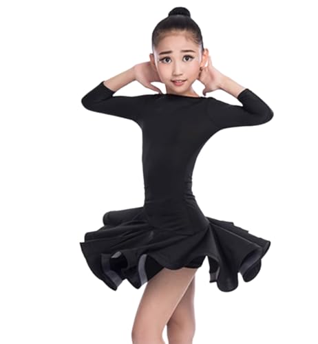 OTMYIGO Schwarz,160, Mädchen Latein Tanzkleid Kinder Gesellschaftstanzkleidung Mittelärmel Salsa Rumba Cha Cha Samba Tango Tanzwettbewerb Kostüm von OTMYIGO