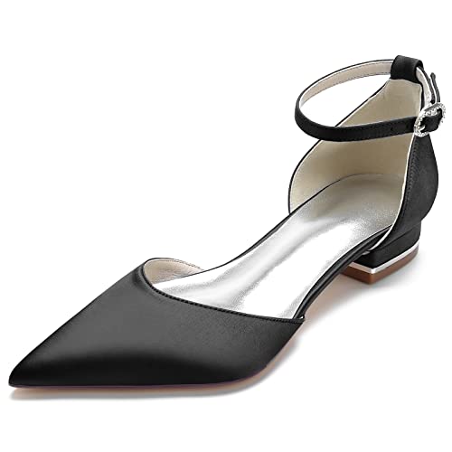 Pumps für Damen, Satin, spitzer Zeh, Hochzeit, niedrige Absätze, geschlossene Zehen, Pumps, Knöchelriemen, Abendgesellschaft, Kitten Heel, Kleidschuhe für Brautfrauen,Schwarz,41 EU von OTMYIGO