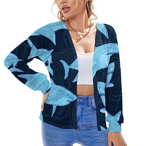 OTRAHCSD Damen Strickjacke Hai Hai Muster Cardigan Sommer Strickwaren Cover Up, Haifischmuster, S von OTRAHCSD