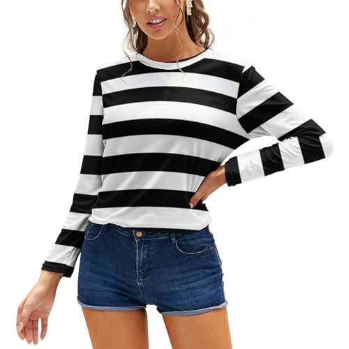 OTRAHCSD Damen Top Schwarz Weiß Streifen Langarm T-Shirt Casual Langarm Rundhals Top, siehe abbildung, Large von OTRAHCSD