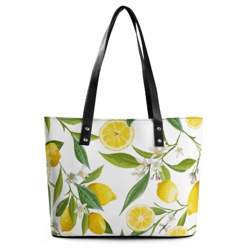 OTRAHCSD Damen Tote Bag Zitrone mit Blumen und Blättern Handtasche Damen Schultertasche für Arbeit Alltag Reisen, Zitrone mit Blumen und Blättern, 29*34*14cm von OTRAHCSD