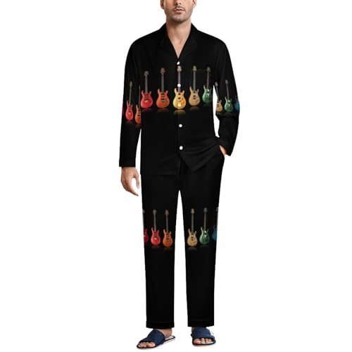 OTRAHCSD Herren Nachtwäsche, Gitarre Bunte Musik Pyjama Set, Button Down Nachtwäsche Langarm Shirt mit Hosen, Stil:, M von OTRAHCSD