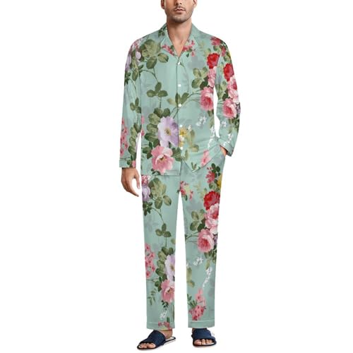 OTRAHCSD Herren Nachtwäsche, Vintage Floral Blumen Pyjama Set, Button Down Nachtwäsche Langarm Shirt mit Hose, Stil:, L von OTRAHCSD