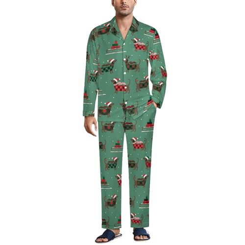 OTRAHCSD Herren Nachtwäsche, Weihnachten Dackel Hund Pyjama Set Button Down Nachtwäsche Langarm Shirt mit Hose, Stil:, XL von OTRAHCSD