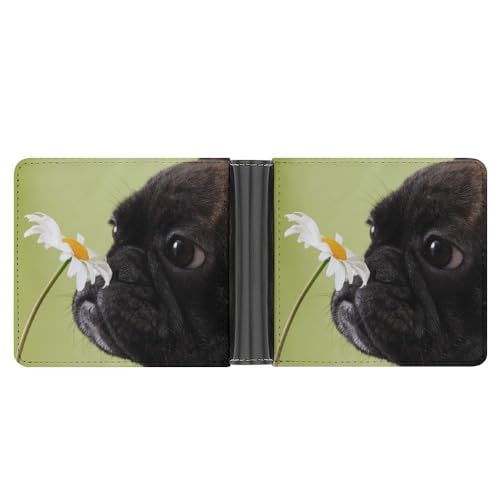 OTRAHCSD Münzfach, Eukalyptusblätter Leder Brieftasche, Bifold Kreditkarte Leder Slim Geldbörse, Hundemuster Mops Blume, Einheitsgröße von OTRAHCSD