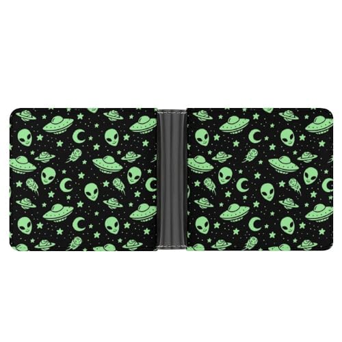 OTRAHCSD Münzfach, Halloween-Totenkopf-Raben-Ledergeldbörse, Bifold Kreditkarte Leder Slim Geldbörse, Grüner Alien Mond Ufo, Einheitsgröße von OTRAHCSD