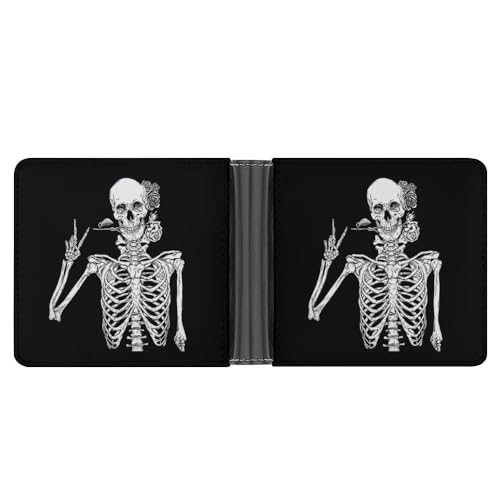 OTRAHCSD Münzfach, Halloween-Totenkopf-Raben-Ledergeldbörse, Bifold Kreditkarte Leder Slim Geldbörse, Lustiger Rock and Roll Skelett Schädel, Einheitsgröße von OTRAHCSD