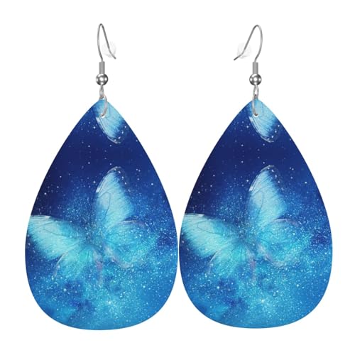 Blaue Sternenschmetterling Damen-Leder-Ohrringe Tropfen-Druck Ohrringe Mode leicht täglich tragen Party Date, Einheitsgröße, Leder von OTTKGGA