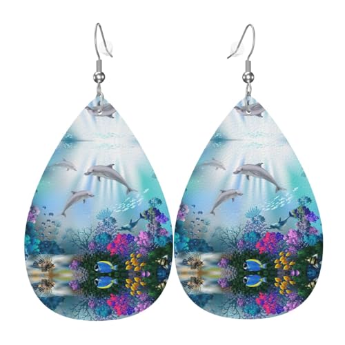 Blue Ocean Unterwasserfisch-Damen-Lederohrringe Tropfen-Druck Ohrringe Mode leicht für den täglichen Gebrauch Party Date, Einheitsgröße, Leder von OTTKGGA