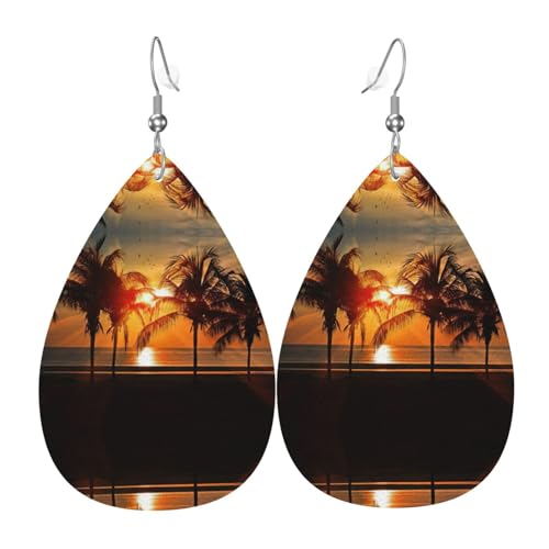 Dusk Coconut Trees Damen-Lederohrringe Tropfen-Druck Ohrringe Mode Leicht Alltag Party Date, Einheitsgröße, Leder von OTTKGGA