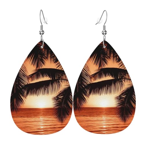 Dusk Tropical Beach Palm Damen-Leder-Ohrringe Tropfen-Druck Ohrringe Mode Leicht Alltag Party Date, Einheitsgröße, Leder von OTTKGGA