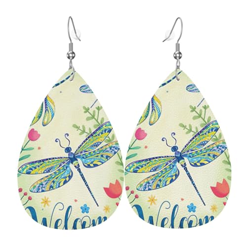 Libellen und Blumen Damen Leder Ohrringe Tropfenform Tropfen Druck Ohrringe Mode Leicht Alltag Party Date, Einheitsgröße, Leder von OTTKGGA