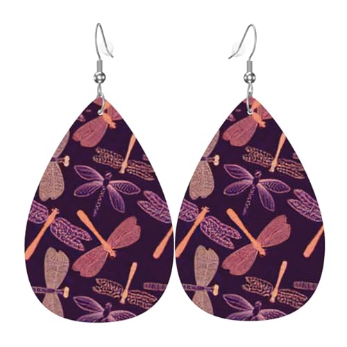 Lila Libelle Damen Leder Ohrringe Tropfen Tropfen Druck Ohrringe Mode Leicht Alltag Party Date, Einheitsgröße, Leder von OTTKGGA