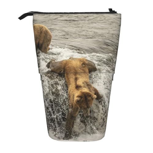 OTTKGGA Bear Catching Fish River Teleskop-Federmäppchen, Schreibwaren-Organizer mit Reißverschluss, tragbar, Schule, Büro, Studenten, Schwarz , Einheitsgröße von OTTKGGA