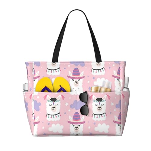 OTTKGGA Cartoon-Llama-Alpaka, große Kapazität, Strand-Reisetasche, mehrere Taschen mit Reißverschluss, wasserdicht, für Pool, Urlaub, Fitnessstudio, Schwarz , Einheitsgröße von OTTKGGA