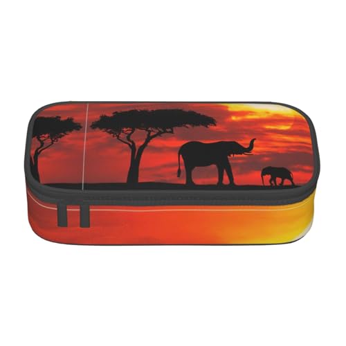 OTTKGGA Federmäppchen mit Elefanten-Sonnenuntergang, großes Fassungsvermögen, Reißverschluss, Schreibwaren-Organizer, Make-up-Tasche für Schule, Büro, Reisen, Schwarz , Einheitsgröße, Koffer von OTTKGGA