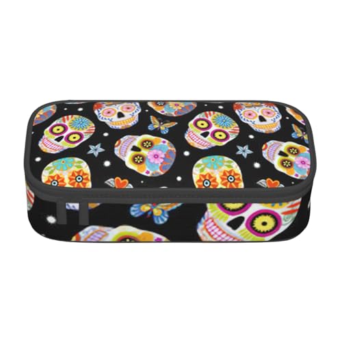 OTTKGGA Federmäppchen mit Totenköpfen und Schmetterlingen, großes Fassungsvermögen, Reißverschluss, Schreibwaren, Organizer, Make-up-Tasche für Schule, Büro, Reisen, Schwarz , Einheitsgröße, Koffer von OTTKGGA