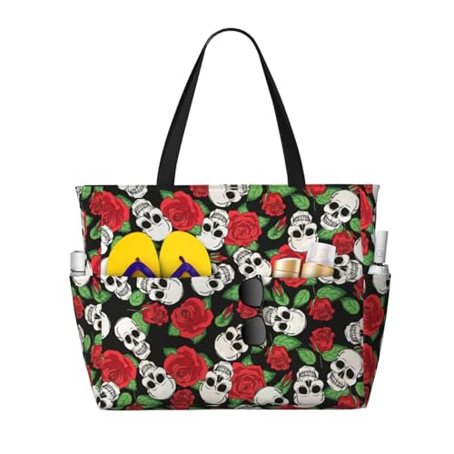 OTTKGGA Strand-Reisetasche, Motiv: Totenköpfe und Rosen, großes Fassungsvermögen, mehrere Taschen mit Reißverschluss, wasserdicht, für Pool, Urlaub, Fitnessstudio, Schwarz , Einheitsgröße OTTKGGA Strand-Reisetasche, Motiv: Totenköpfe und Rosen, großes Fassungsvermögen, mehrere Taschen mit Reißverschluss, wasserdicht, für Pool, Urlaub, Fitnessstudio, Schwarz , Einheitsgröße von OTTKGGA