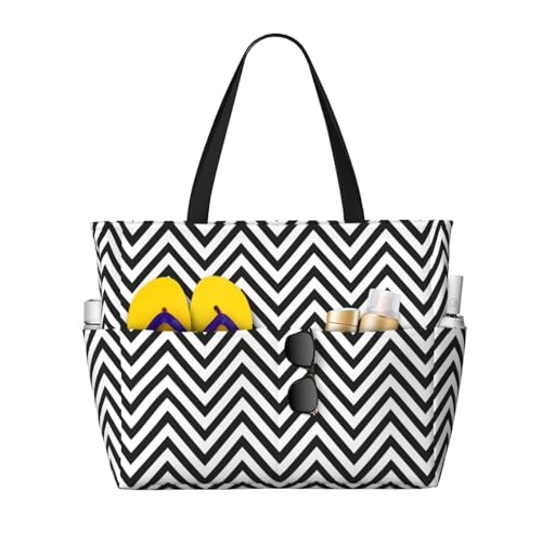 OTTKGGA Strand-Reisetasche mit Zickzack-Streifen, großes Fassungsvermögen, mehrere Taschen mit Reißverschluss, wasserdicht, für Pool, Urlaub, Fitnessstudio, Schwarz , Einheitsgröße OTTKGGA Strand-Reisetasche mit Zickzack-Streifen, großes Fassungsvermögen, mehrere Taschen mit Reißverschluss, wasserdicht, für Pool, Urlaub, Fitnessstudio, Schwarz , Einheitsgröße von OTTKGGA