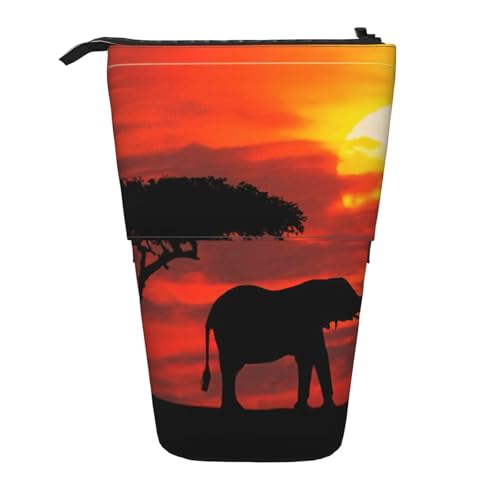 OTTKGGA Teleskop-Federmäppchen mit Elefanten-Sonnenuntergang, mit Reißverschluss, tragbar, für Schule, Büro, Studenten, Schwarz , Einheitsgröße von OTTKGGA