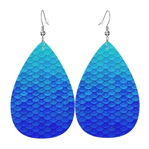 Ocean Sea Blue Meerjungfrau Fischschuppen Damen Leder Ohrringe Tropfen Tropfen Druck Ohrringe Mode Leicht Alltag Party Date, Einheitsgröße, Leder von OTTKGGA