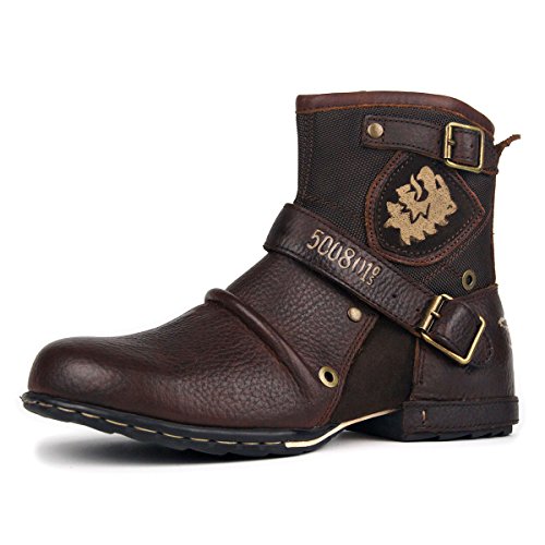 OSSTONE Herren Stiefel aus Rindsleder, Lederstiefel mit Gummisohle Biker Motorrad Boots mit Reißverschluss, 6.5" Männer Stiefeletten mit 0.98" Absatz OZ-5008-1-N-Brown-9 von OSSTONE