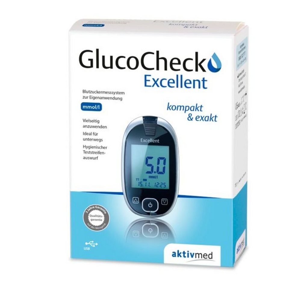 aktivmed Blutzuckermessgerät Glucocheck Excellent Blutzuckermessgerät-Set mg/dl oder mmol/l, Komplett-Set, Datenübertragung auf Computer, Diabetesüberwachung, Beleuchtetes Display und Teststreifen-Auswurftaste von Aktivmed