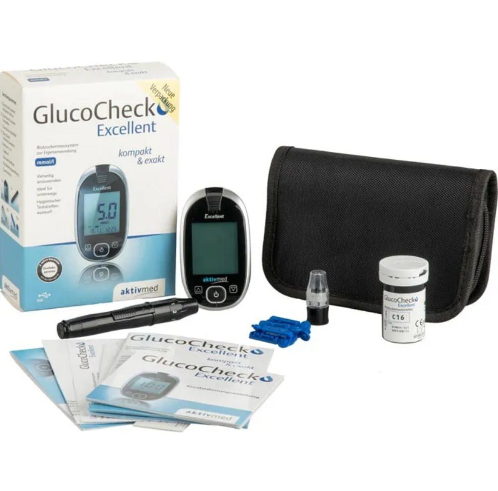 aktivmed Blutzuckermessgerät Glucocheck Excellent Blutzuckermessgerät-Set mg/dl oder mmol/l, Komplett-Set, Datenübertragung auf Computer, Diabetesüberwachung, Beleuchtetes Display und Teststreifen-Auswurftaste von Aktivmed