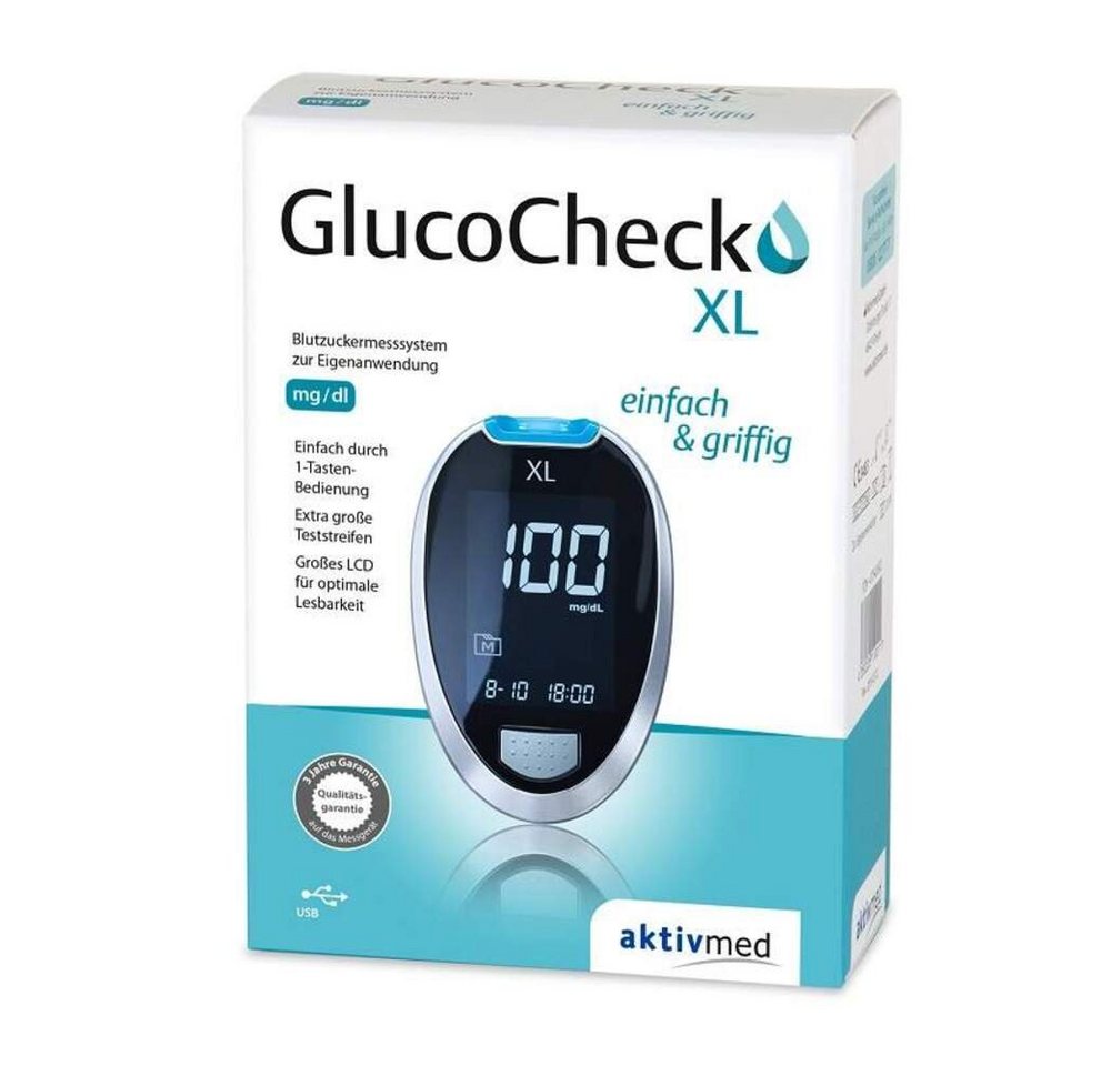 aktivmed Blutzuckermessgerät Glucocheck XL Blutzuckermessgerät Set mmol/l oder mg/dl, Kombi-Set, Batterieaustausch-Service, Teststreifen-Auswurftaste, Blutzuckerüberwachung, Diabetesmanagement, Automatische Teststreifenerkennung, Blutzuckermessung ohne Kodierung von Aktivmed