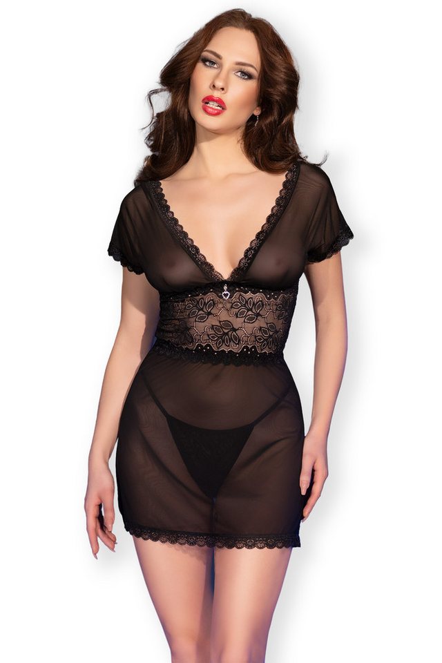 Chilirose Negligé Kurzarm-Negligee in schwarz mit String von Chilirose