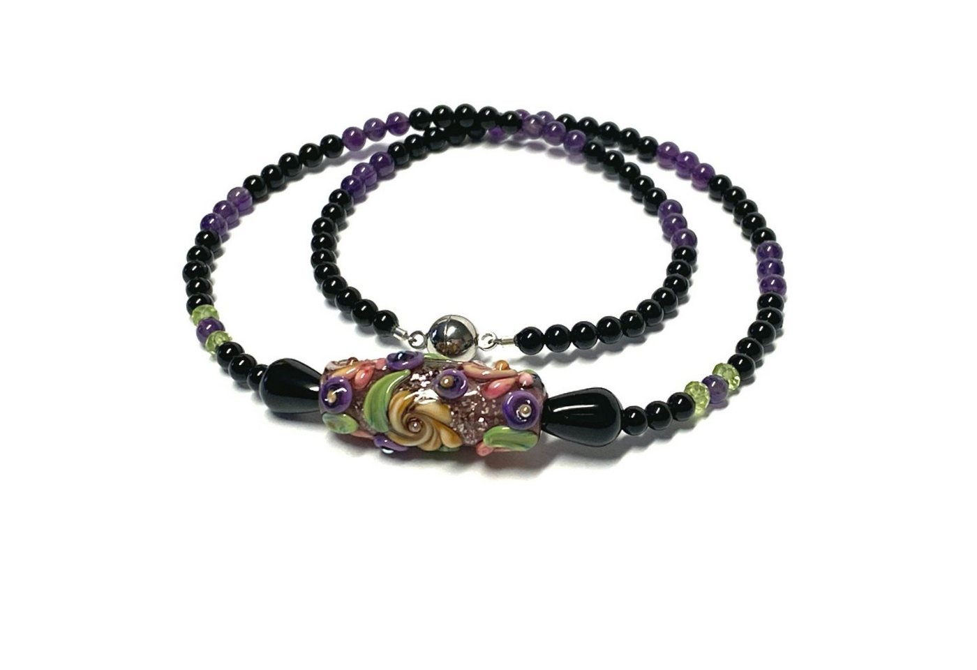 Collier Halskette Onyx Hangefertigte Glasperle Amethyst Peridot Magnetschließe von OTTO